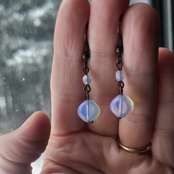 GORGEOUS Opalite & Genuine Rose Quartz Faceted Bead Hook Earrings - Picture 5 of 6